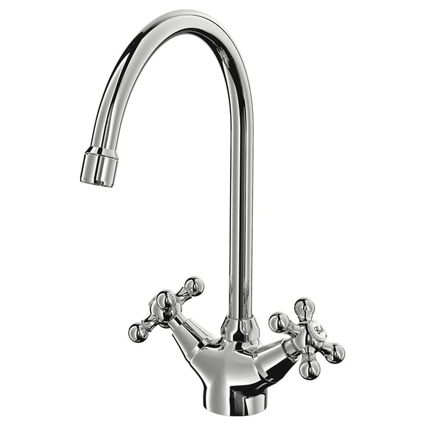 This image a chrome EDSVIK kitchen tap with a high, curved spout and traditional cross handles.