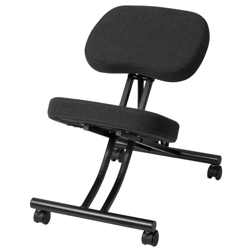 Black kneeling chair, ergonomic design, upholstered seat and back, steel base with wheels.