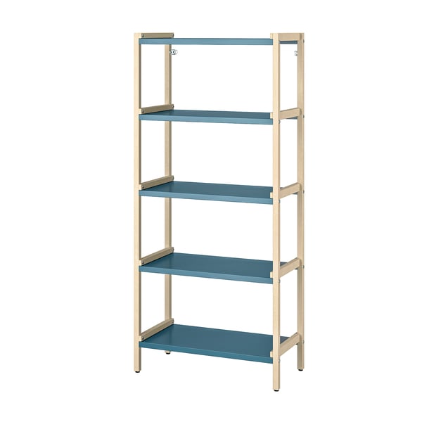 Blue and beige metal and wood shelving unit with four levels of storage; sleek, modern design for versatile use.