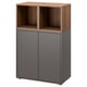 EKET storage unit: sleek gray with wood top, rectangular, two drawers, two open shelves.