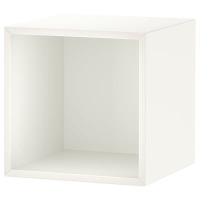 An EKET cube, a white, square storage unit with open front, designed for wall-mounting or floor placement.