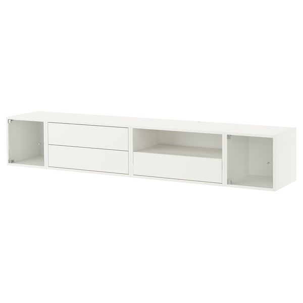 White wall-mounted storage unit with glass doors and drawers.