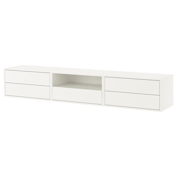 White wall-mounted storage unit with drawers and open space, sleek and minimalist design.