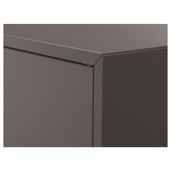 Grey cabinet corner with sleek, modern design; smooth edges, sturdy build.