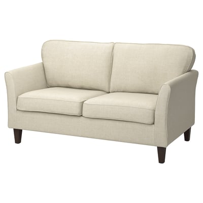 EKHOLMA beige sofa, modern with rolled arms, wooden legs, light fabric.