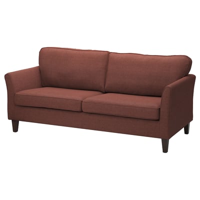 Red 3-seater sofa, sleek & comfy with sturdy wooden legs & removable cover.