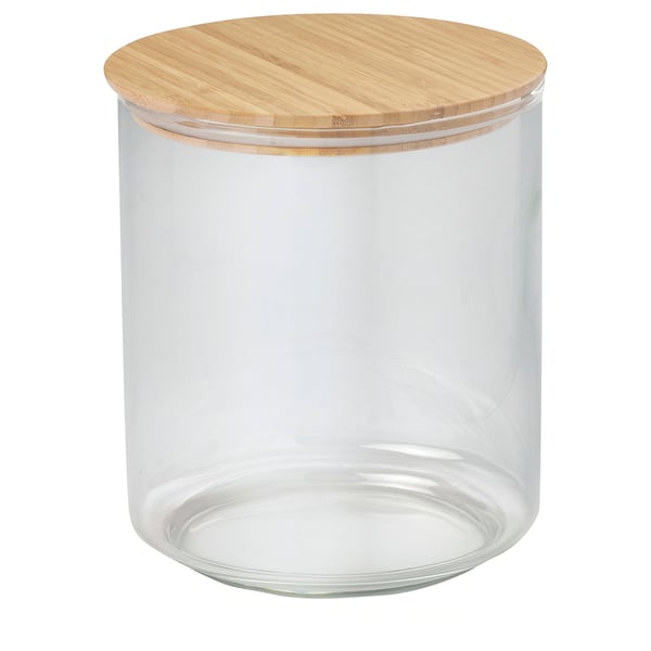 Clear glass food jar with bamboo lid, cylindrical shape.