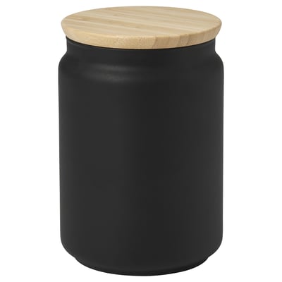 EKLATERA: black cylindrical food jar with wooden lid. Round shape, bamboo top, glass body.
