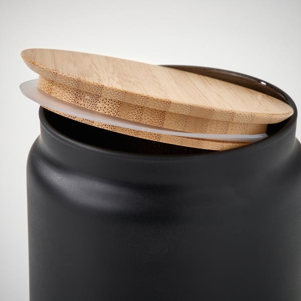 Black jar with bamboo lid, great for dry food.