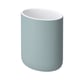 A slim, light blue, cylindrical toothbrush holder with smooth curves and a white interior. Made of stoneware, coloured glaze, and polyurethane paint.