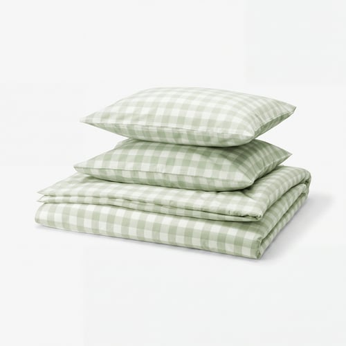 EKTANDVINGE Duvet cover and 2 pillowcases, pale grey-green white/check, 200x200/50x60 cm