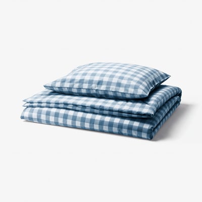 EKTANDVINGE Duvet cover and pillowcase, dark blue white/check, 150x200/50x60 cm