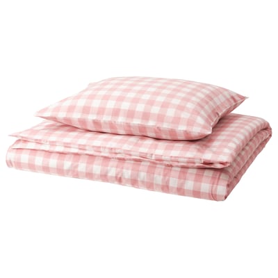 EKTANDVINGE bedding: light pink & white gingham check, organic cotton, folded square shape.