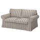 EKTORP loveseat: striped beige and brown, rolled arms, plush cushions.