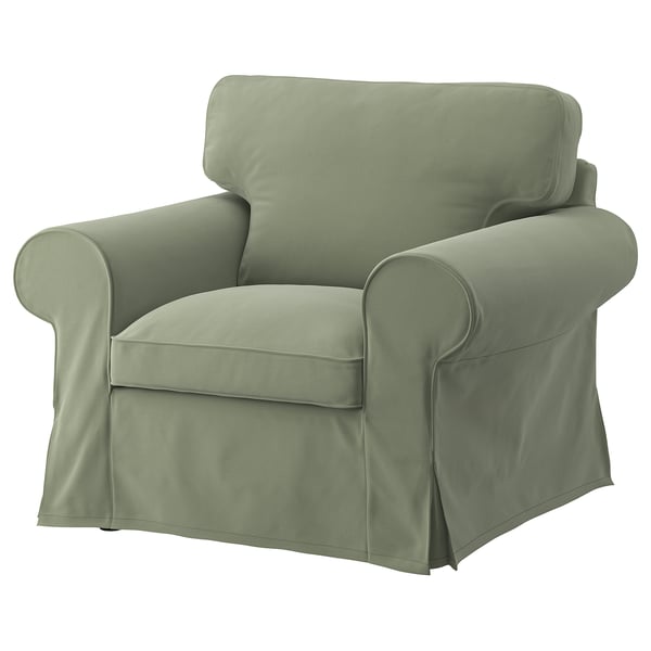 EKTORP armchair: soft sage green, rounded shape, cushioned seats and back, removable cover.