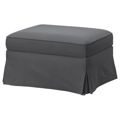 A grey EKTORP footstool with a square, padded top and ruffled sides, made of polyester.