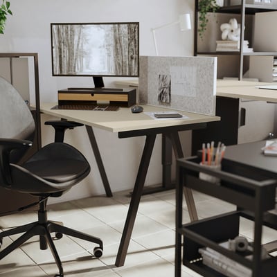 Home office with ELLOVEN stand: metal legs, bamboo top. Drawer, pen holder, monitor support for neat desk.