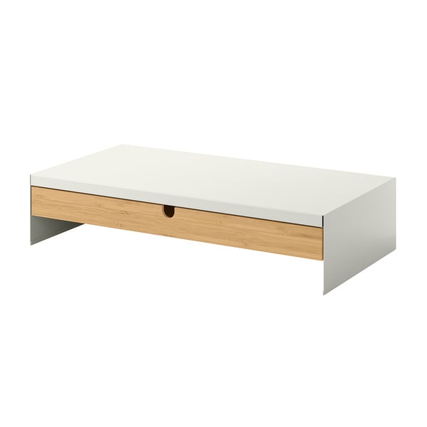 A white and bamboo monitor stand with storage. Its rectangular, has a clean design, and perfect for keeping desks tidy.
