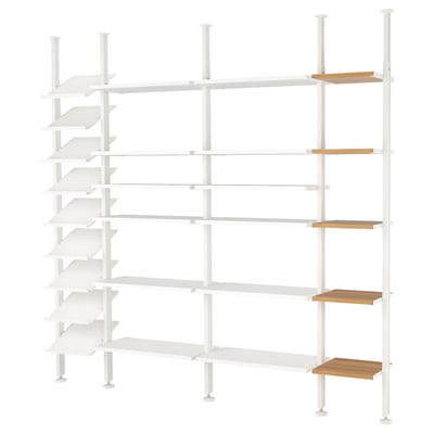A white ELVARLI modular storage system with adjustable shelves and bamboo inserts. Its a tall, organized storage solution.