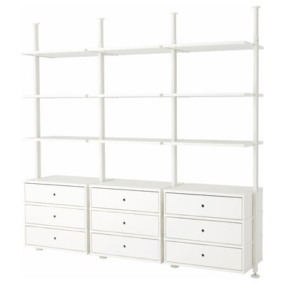 A white ELVARLI storage system with multiple shelves and drawers, ideal for various storage needs.