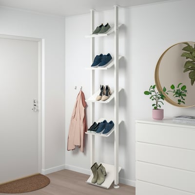 ELVARLI white shoe rack; adjustable, holds various footwear, positioned near doorway.