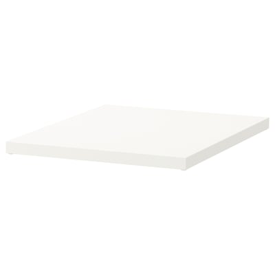 A white ELVARLI shelf, rectangular in shape, made of acrylic paint on particleboard with plastic edges.