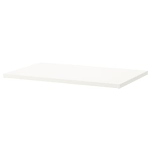 A white rectangular shelf, simple in design, and made from acrylic painted particle board.