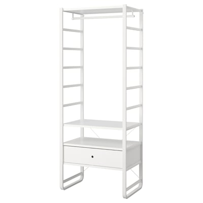White ELVARLI storage unit with shelves and drawer, wall-mountable.