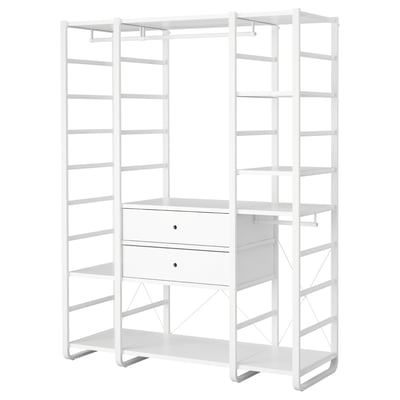 White ELVARLI modular storage with shelves and drawers.