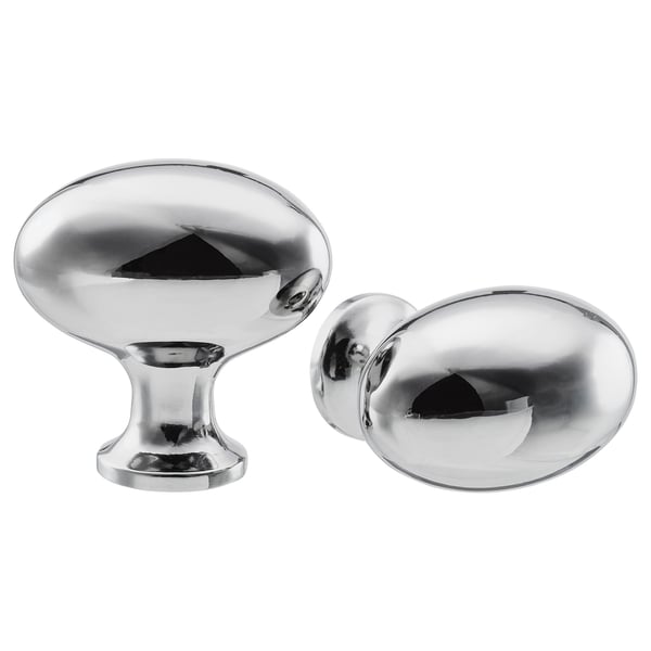 ENERYDA traditional style metal knobs, chrome colour, made of aluminium, two smooth oval shapes.