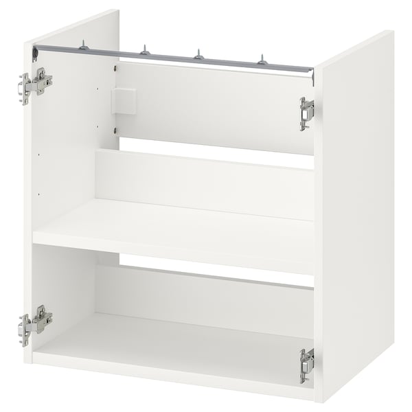 A white ENHET bathroom cabinet with a shelf. Hinges are visible on the sides. Its rectangular with a clean, modern design.