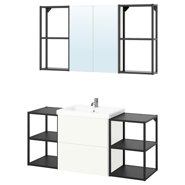 This image an ENHET bathroom setup with a white sink cabinet, black metal shelves, and a mirror cabinet.