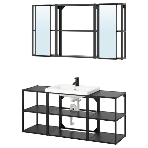 Modern black metal bathroom set with open shelves and sliding mirror panels.