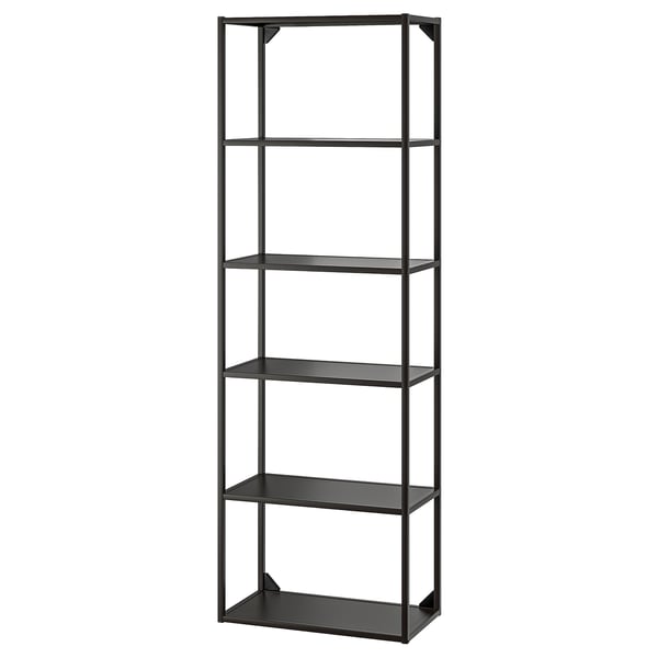 A black ENHET storage shelf with five open shelves. Its made of steel, modern in design, and ideal for kitchen or bathroom storage.