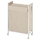 Flat beige laundry hamper, beige, rectangular, fabric, 4 wheels, metal frame.