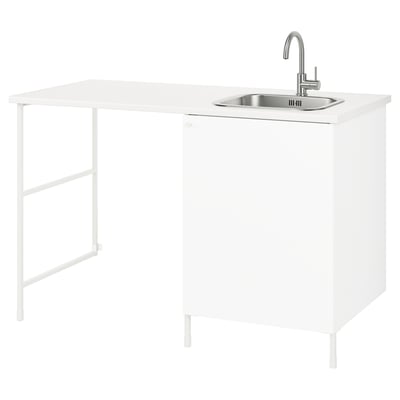 White ENHET sink unit with countertop, tap, cabinet, and side panel. Modern, practical for small spaces.