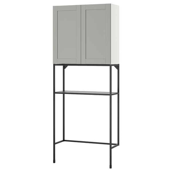 ENHET: grey cabinet set with black metal frame for laundry or storage.