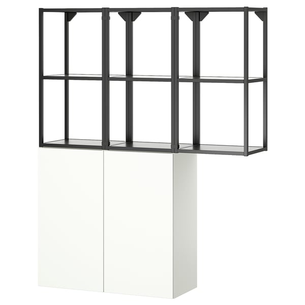 An ENHET storage unit in white with a dark metal frame, featuring open shelves and a closed cabinet.