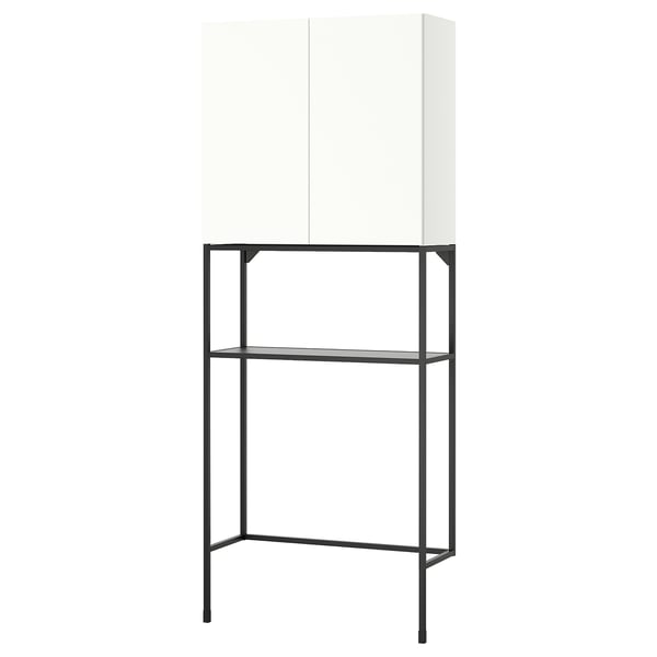 A white ENHET storage unit with a black metal frame and shelf, designed for compact spaces.