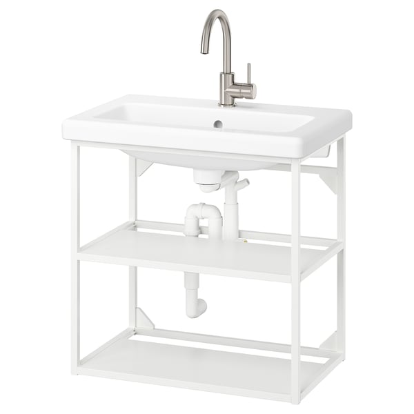 White ENHET bathroom sink setup with metal frame and visible plumbing.