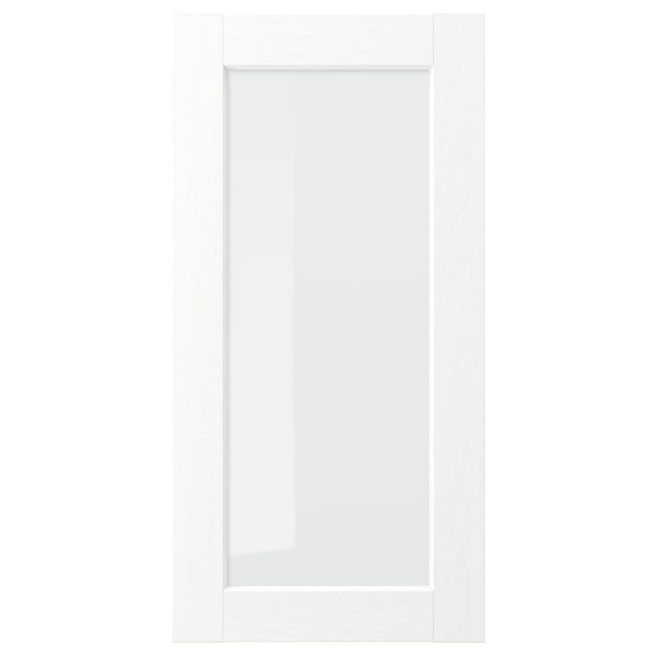 Displays a white ENKÖPING cabinet door with a subtle wood grain texture and a rectangular glass panel.