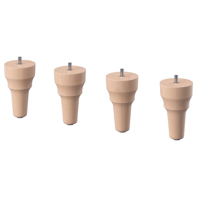 Four wooden furniture legs with screws in light brown, cylindrical shape with tapered ends.