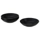 Two black, round, deep bowls. One stack of three, one single. Matte glaze, simple design.