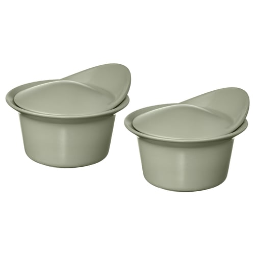 Two green glass-like oven-safe dishes with lids, round, stacked neatly.