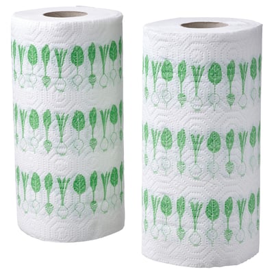 Two rolls of white FAMILJ paper towels with green veggie designs, cylindrical shape, made of recycled paper.