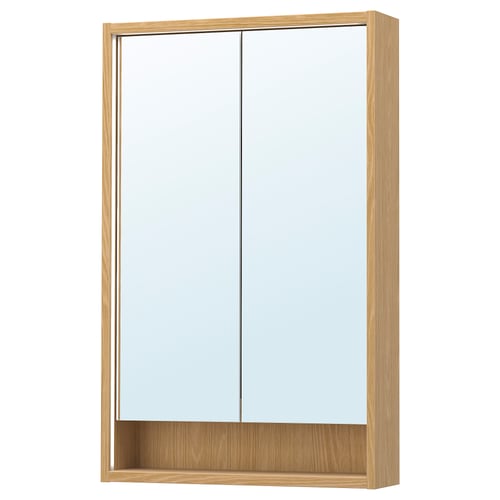 FAXÄLVEN wooden mirror cabinet with built-in lighting, wall-mounted, safety-backed mirror, with shelf.