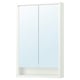 FAXÄLVEN white mirror cabinet with built-in lighting, sleek design, safety film, and open shelf for bathroom storage.