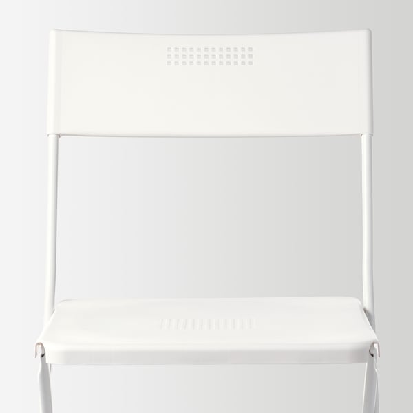 Foldable white chair, sleek design, robust steel frame, durable plastic seats/back, ideal for compact spaces.