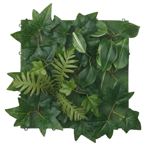 FEJKA plant wall panel, green, recycled plastic, leafy design, easy mount.