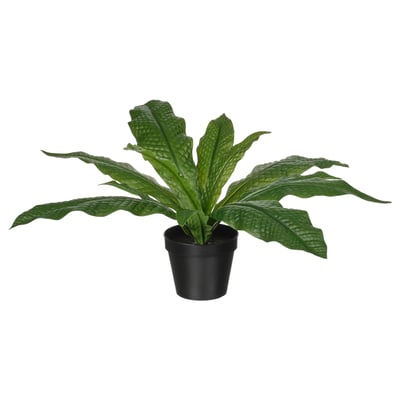 Black-potted artificial green plant with textured leaves, realistic and eco-friendly.